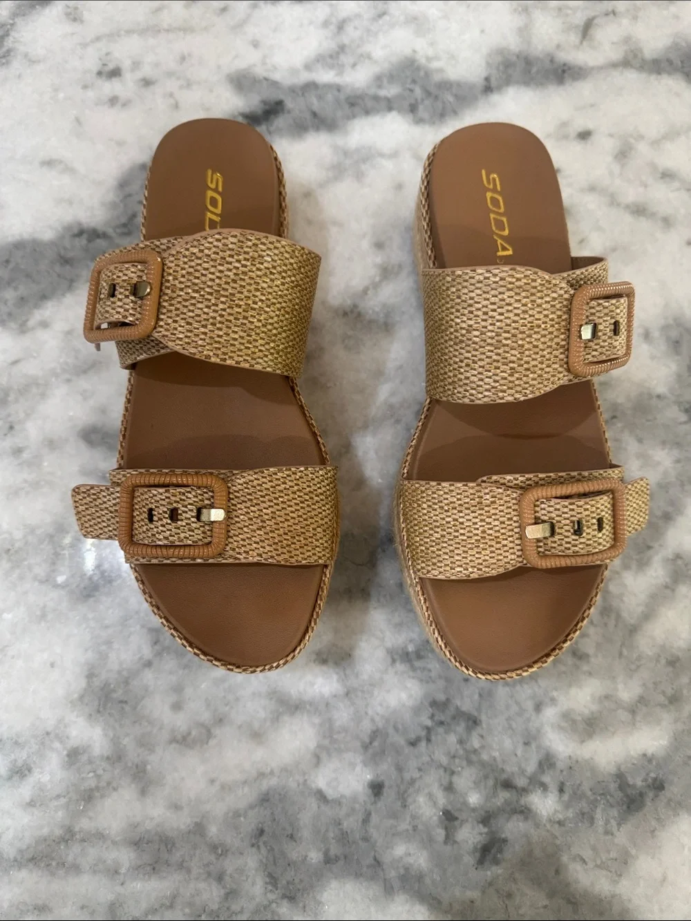 Soda Women’s Tan Woven Double-Buckle Slide Sandals